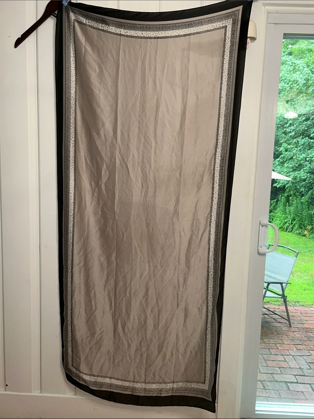 Neutral colors silk Scarf with geometric faux Lace and Leopard Trim 34” X 78”